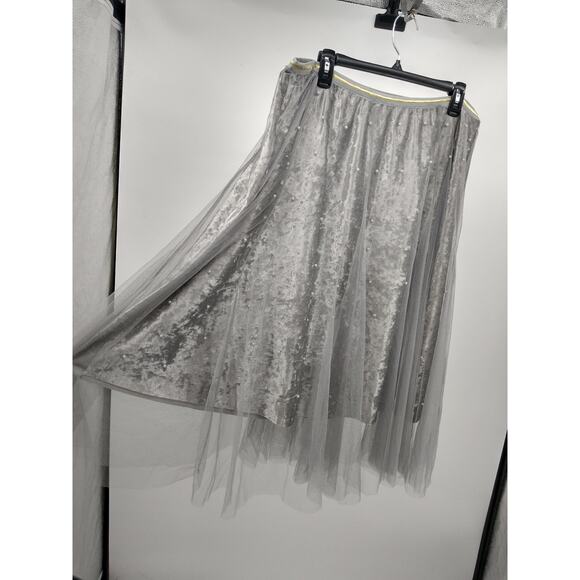 Anthropologie Raga Skirt Plus 1X Velvet Tulle Overlay Pearl Detail Midi Gray NWT - Picture 3 of 9